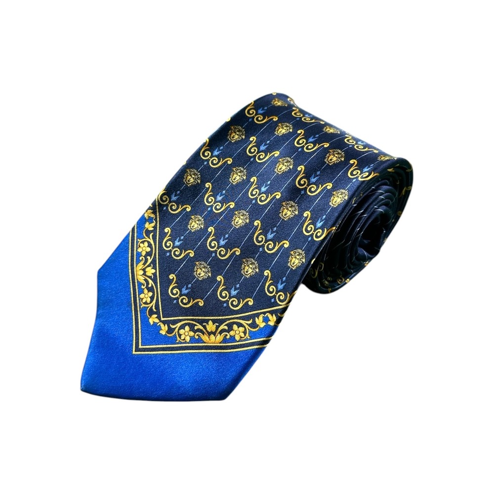 Versace Mens Silk Tie Blue Gold Medusa Head Barocco Pinstripe Made in Italy